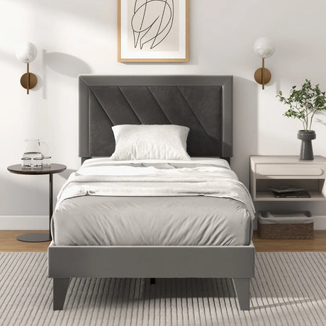 Single/Double Platform Bed with High Headboard &amp;12 Wooden Slats-Single Size