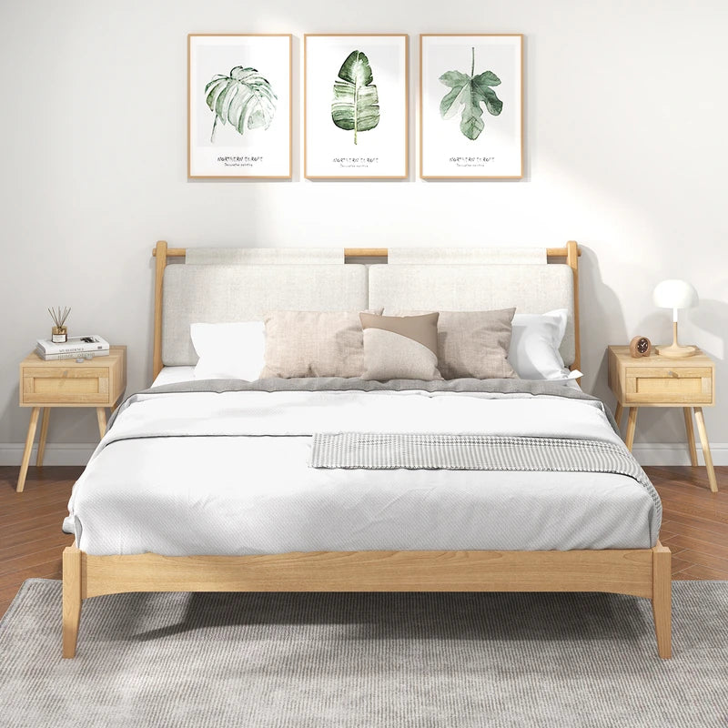 Boho Bedside Table with Hand-woven Rattan Decoration-Natural