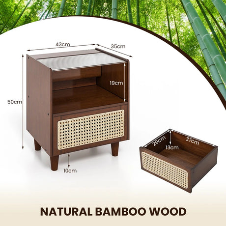 Bamboo Rattan Nightstand with Drawer and Solid Wood Legs-Brown