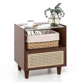Bamboo Rattan Nightstand with Drawer and Solid Wood Legs-Brown