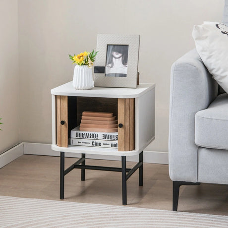 Mid-century Modern Bedside Table with Storage Cabinet and Metal Legs-White