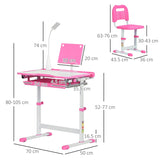 HOMCOM Kids Study Desk and Chair Set w/ Adjustable Height, Storage, Drawer, Pink