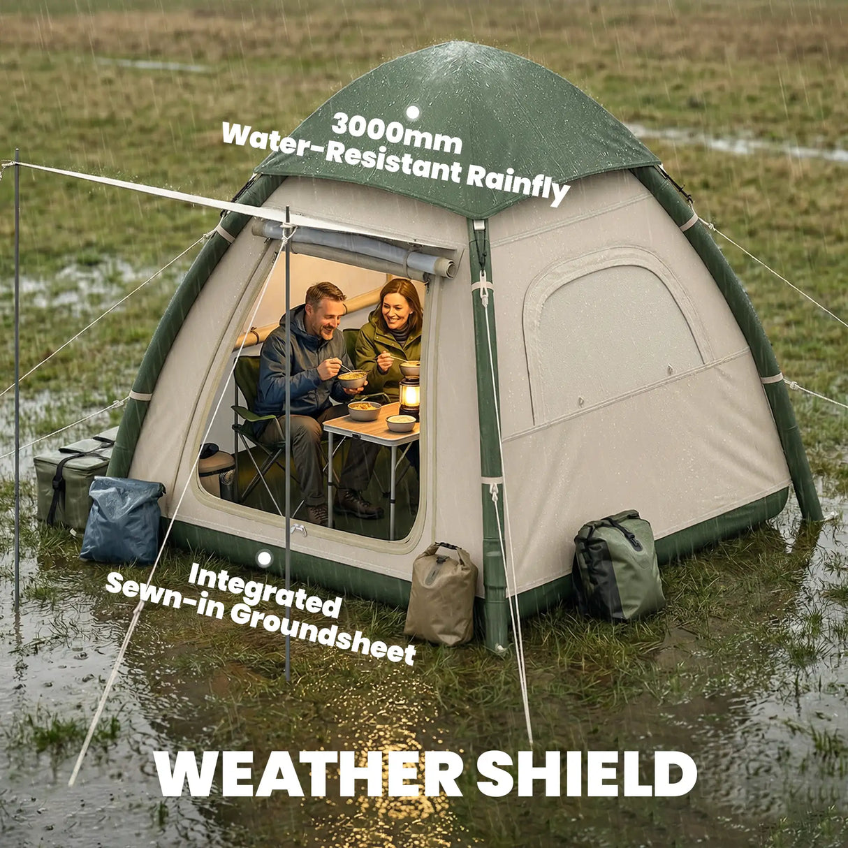 Outsunny Inflatable Camping Tent with Rainfly, 3 Man Air Tent 3000mm Waterproof Blow Up Tents, Beige