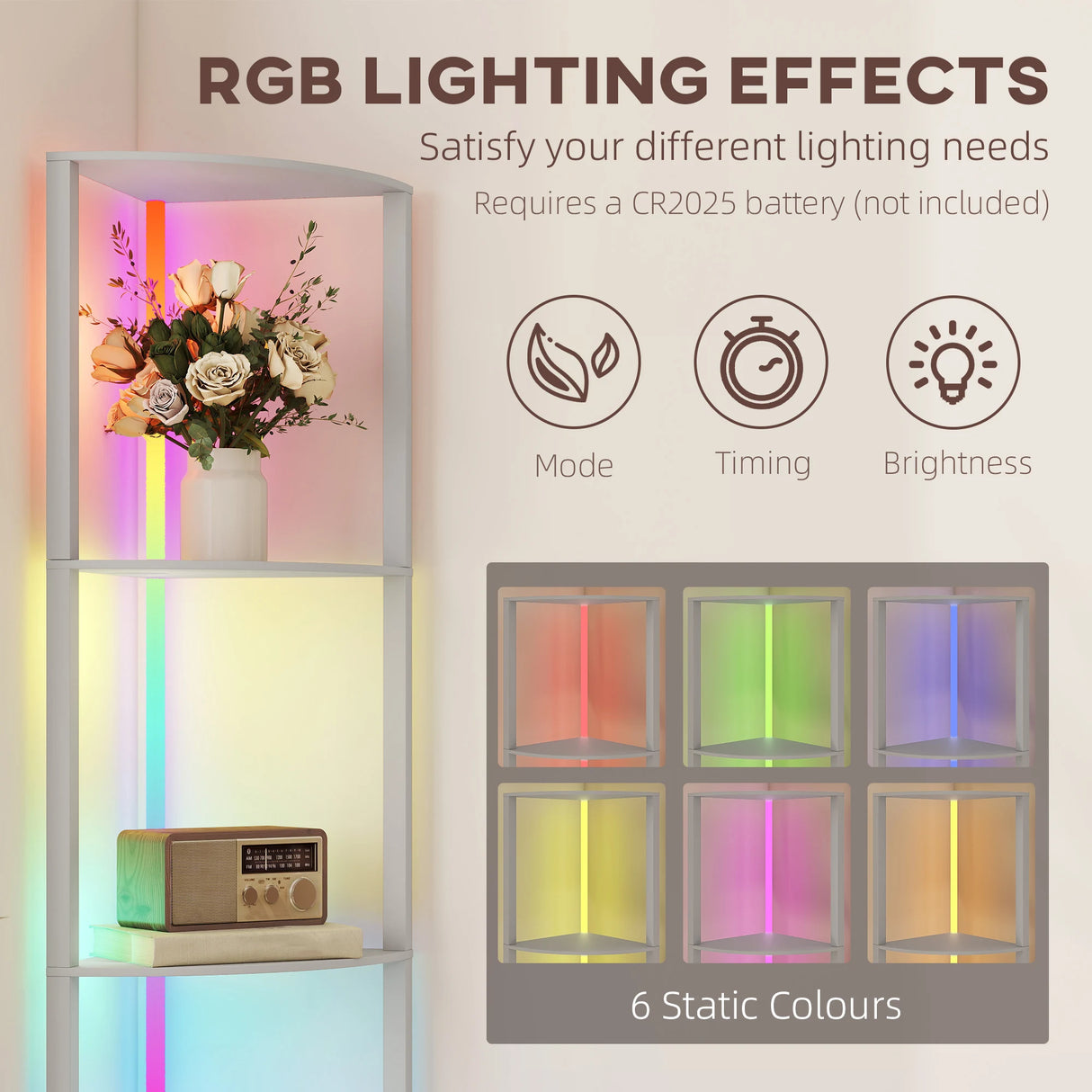 HOMCOM RGB LED Floor Lamp with Shelves, 5-Tier Dimmable Standing Lamp with Adjustable Brightness and Remote Control, Modern Corner Display Shelf Unit for Living Room Bedroom Office, Grey