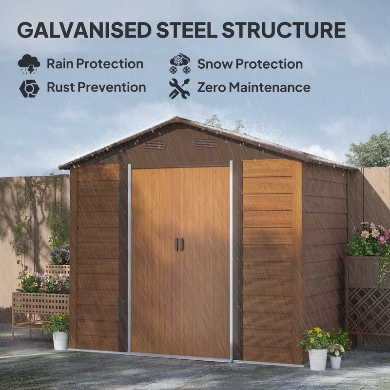 Outsunny 8 x 6ft Garden Storage Shed with Sliding Door - Brown Wood Effect