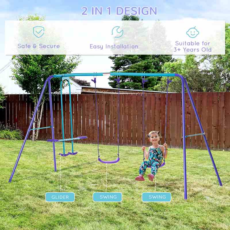 Outsunny Height Adjustable Metal Swing Set with Glider, Two Swing Seats and Adjustable Height, Outdoor Heavy Duty A-Frame