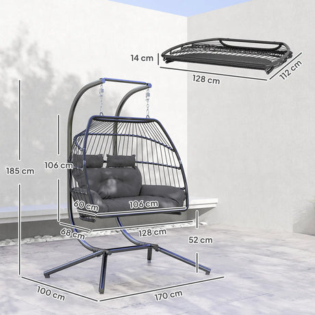 Outsunny Rattan Double Hanging Egg Chair with Stand, Foldable Wicker Swing Egg Chair with Cushion, Head Pillows, Steel Frame, Hammock Chair for Indoor Outdoor, Capacity 260 kg, Dark Grey