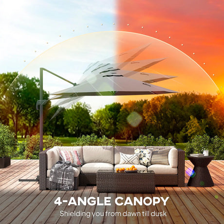 Outsunny 3(m) Adjustable Cantilever Parasol with Base, Solar LED Lights, Dark Grey
