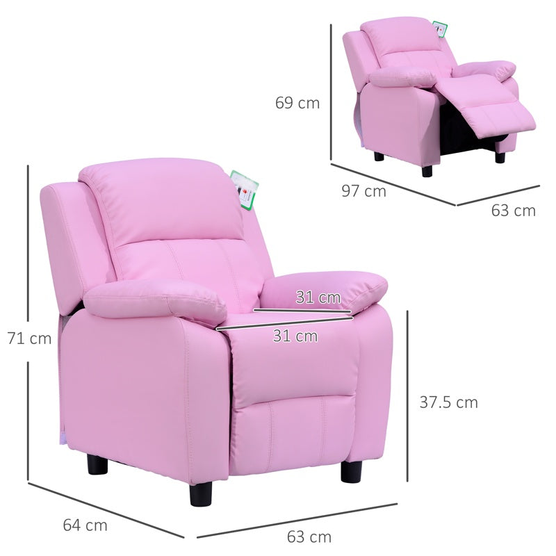 HOMCOM Kids Sofa Armchair Toddler Recliner Children's  Chair Lounger Games Chair  PU Leather w/ Storage  (Pink)