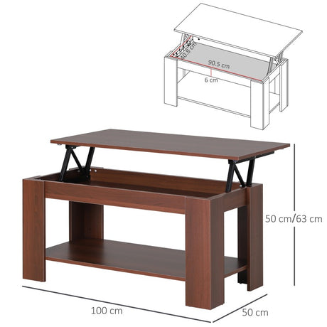 HOMCOM Lift Up Top Coffee Table with Hidden Storage and Open Shelf, Modern Wooden Sofa Side End Tea Table for Living Room 100W x 50D x 63H cm