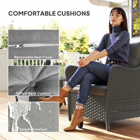 Outsunny Rattan Garden Chairs Set of 2, Outdoor Rattan Chairs with Cushions, Armrests and High Back, PE Wicker Garden Armchair with Steel Frame for Balcony, Porch, Dark Grey