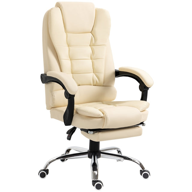 HOMCOM Executive Office Chair, PU Leather High Back Desk Chair with Adjustable Height, Recliner Computer Swivel Chair with Footrest for Home Office, Cream White