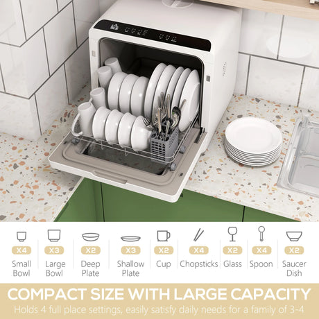 HOMCOM Table Top Dishwasher with 6L Water Tank, Mini Countertop Dishwasher with 6 Programs, 4 Place Settings, Black and White