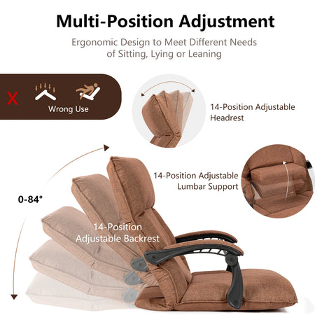 14-Position Adjusting Lazy Sofa Chair with Waist Pillow and Armrests-Coffee