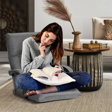 14-Position Adjusting Lazy Sofa Chair with Waist Pillow and Armrests-Gray