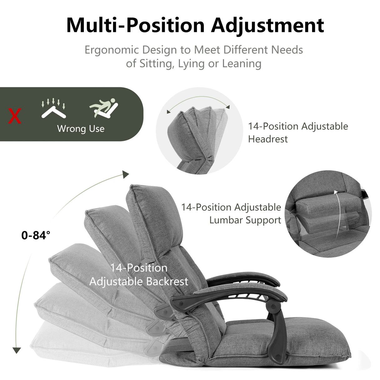 14-Position Adjusting Lazy Sofa Chair with Waist Pillow and Armrests-Gray