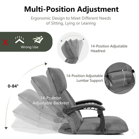 14-Position Adjusting Lazy Sofa Chair with Waist Pillow and Armrests-Gray