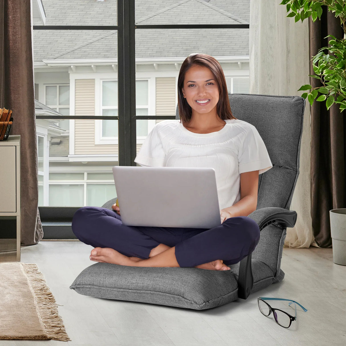 14-Position Adjusting Lazy Sofa Chair with Waist Pillow and Armrests-Gray