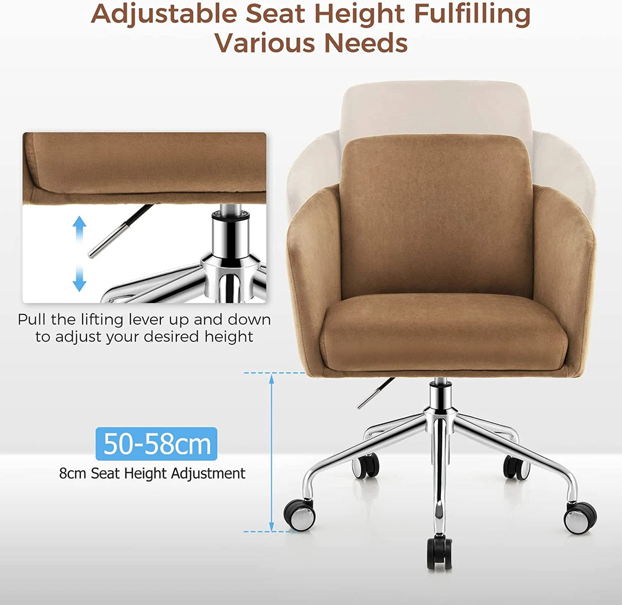 Adjustable Home Office Chair Swivel Computer Chair Vanity Chair with Armrest-Coffee