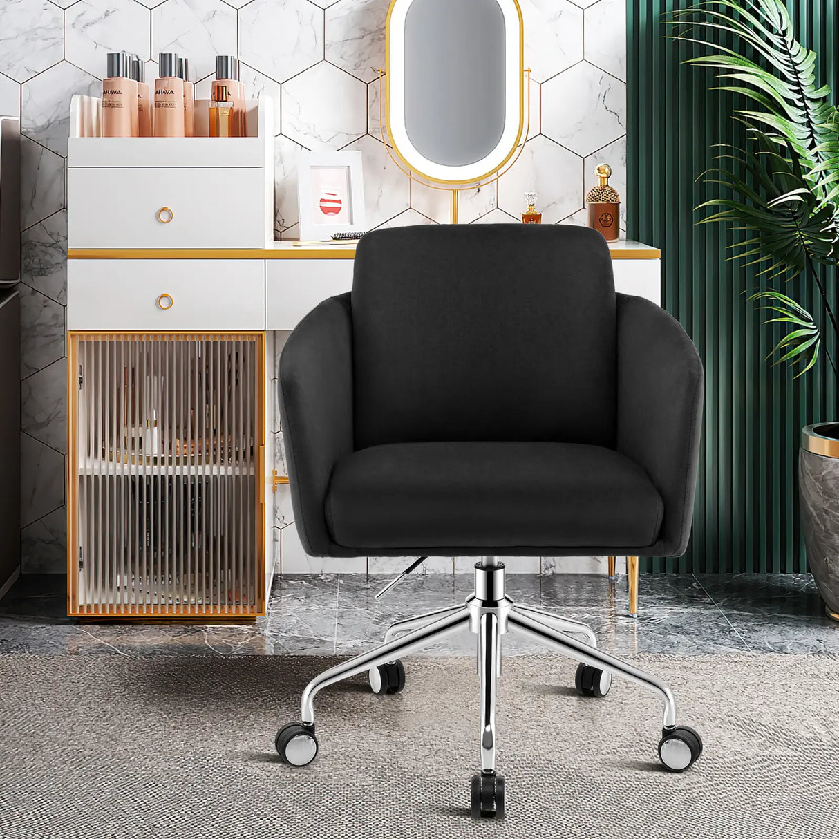 Adjustable Home Office Chair Swivel Computer Chair Vanity Chair with Armrest-Black