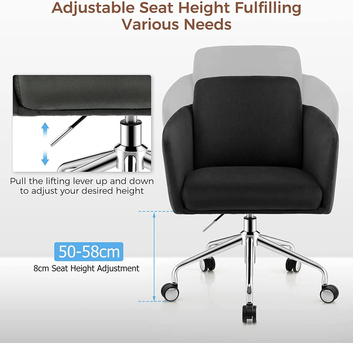 Adjustable Home Office Chair Swivel Computer Chair Vanity Chair with Armrest-Black