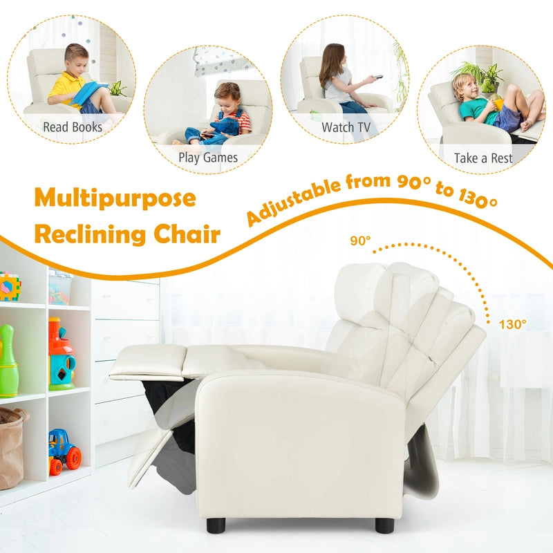 Ergonomic PU Leather Kids Recliner Lounge Sofa for 3-12 Age Group-White