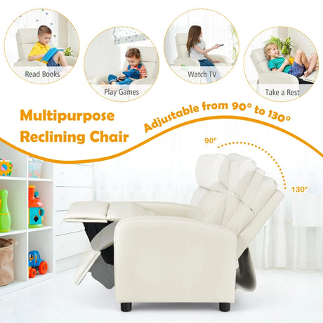 Ergonomic PU Leather Kids Recliner Lounge Sofa for 3-12 Age Group-White