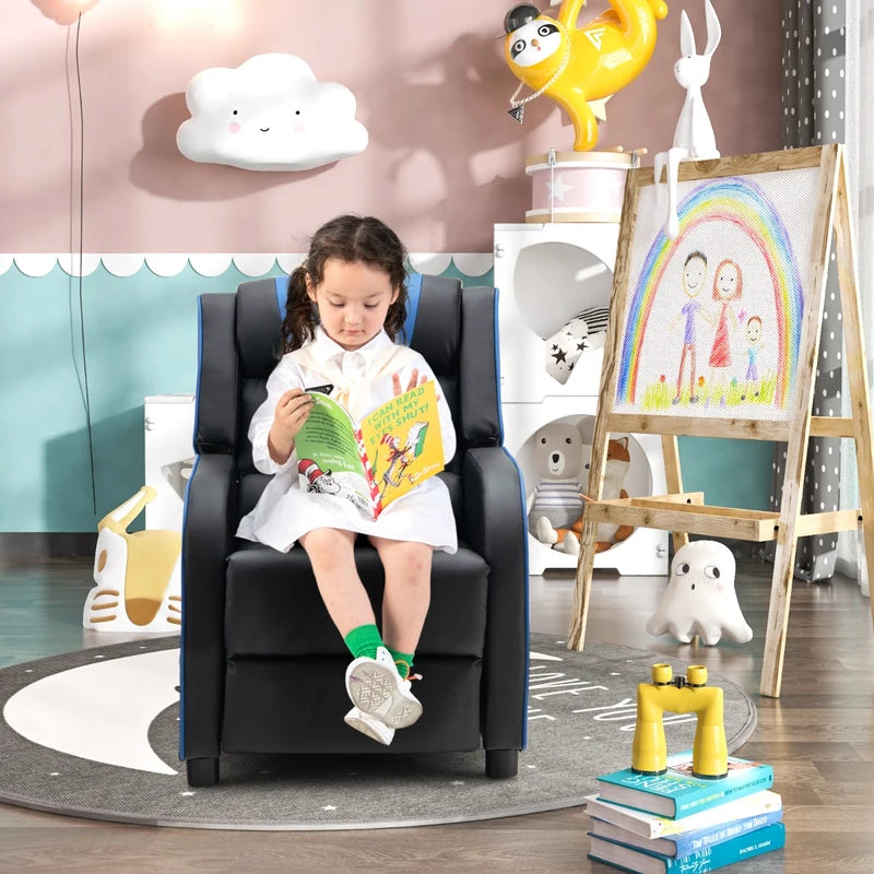 Kids Recliner Chair with Side Pockets and Footrest-Blue