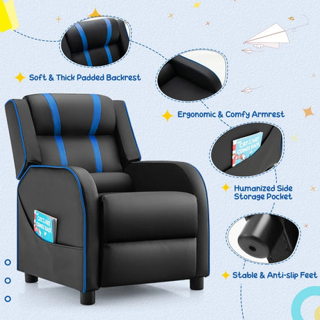 Kids Recliner Chair with Side Pockets and Footrest-Blue