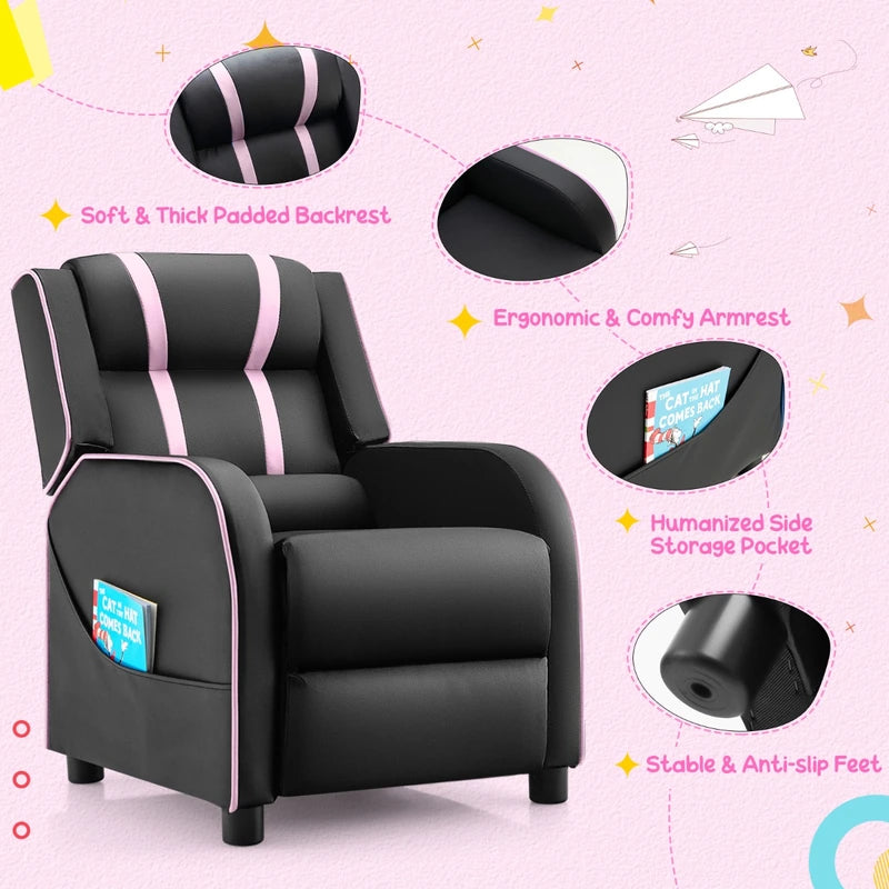 Kids Recliner Chair with Side Pockets and Footrest-Pink