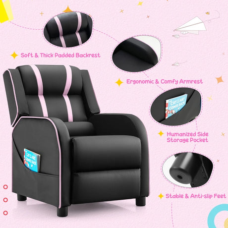 Kids Recliner Chair with Side Pockets and Footrest-Pink