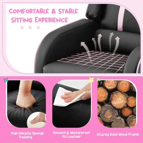 Kids Recliner Chair with Side Pockets and Footrest-Pink