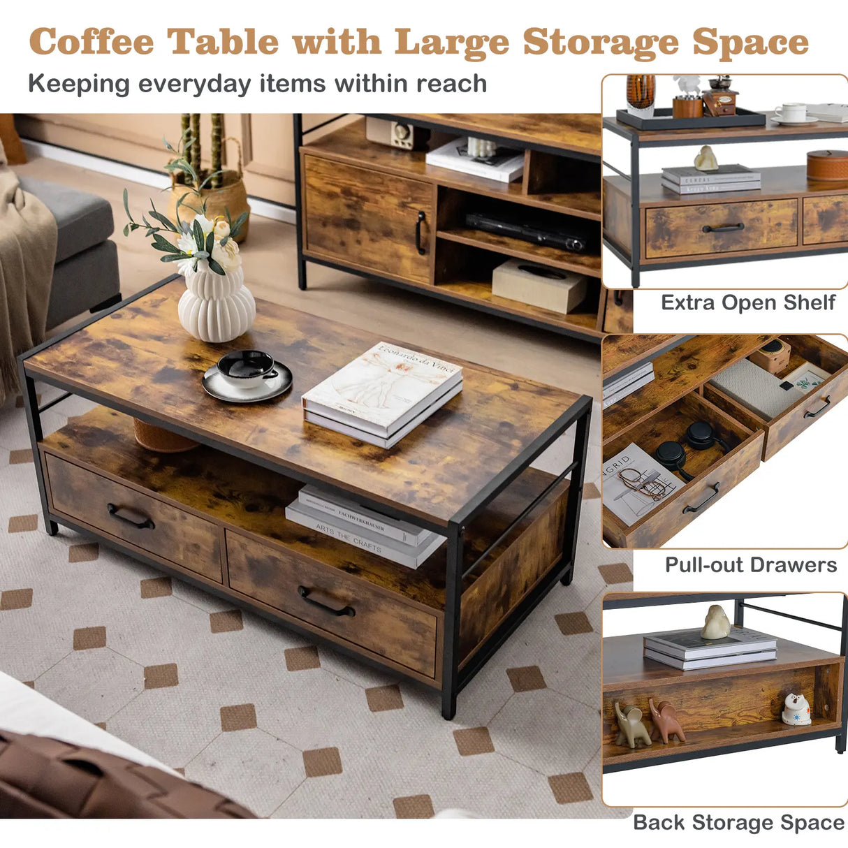 Coffee Table with 2 Drawers and Open Shelf for Living Room-Rustic Brown