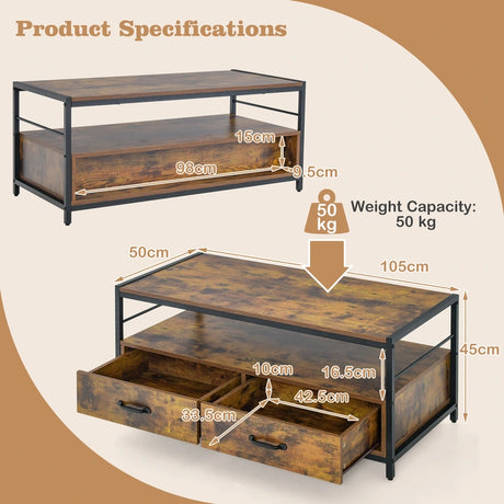 Coffee Table with 2 Drawers and Open Shelf for Living Room-Rustic Brown