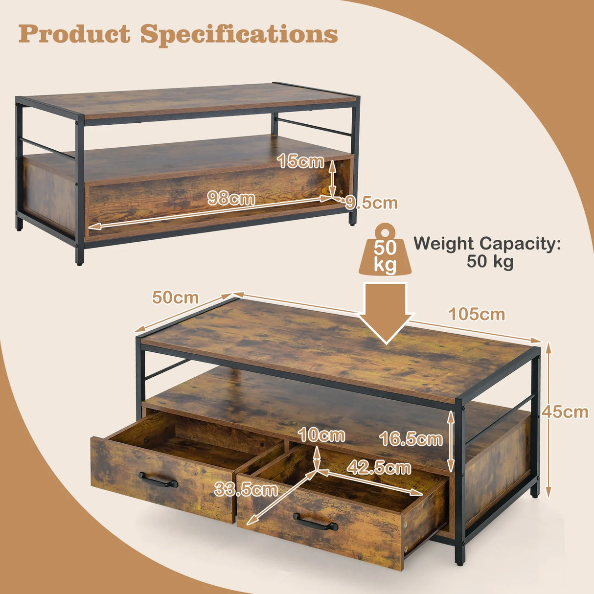 Coffee Table with 2 Drawers and Open Shelf for Living Room-Rustic Brown