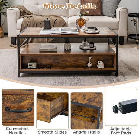 Coffee Table with 2 Drawers and Open Shelf for Living Room-Rustic Brown