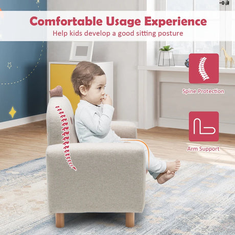 Kids Sofa Wooden Armrest Chair Couch with Thick Cushion Beech Legs