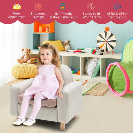 Kids Sofa Wooden Armrest Chair Couch with Thick Cushion Beech Legs