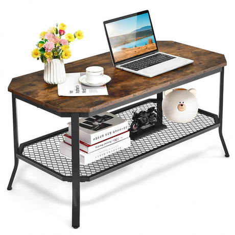 Industrial Coffee Table with Storage Shelf for Living Room
