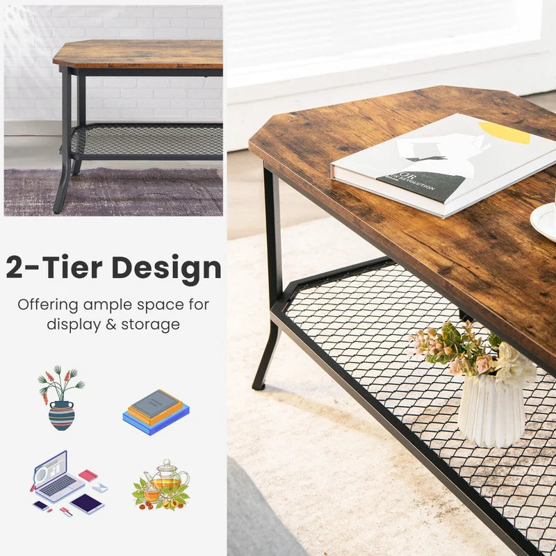 Industrial Coffee Table with Storage Shelf for Living Room