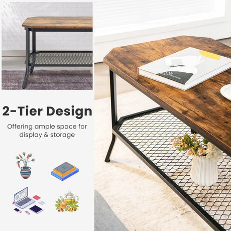 Industrial Coffee Table with Storage Shelf for Living Room