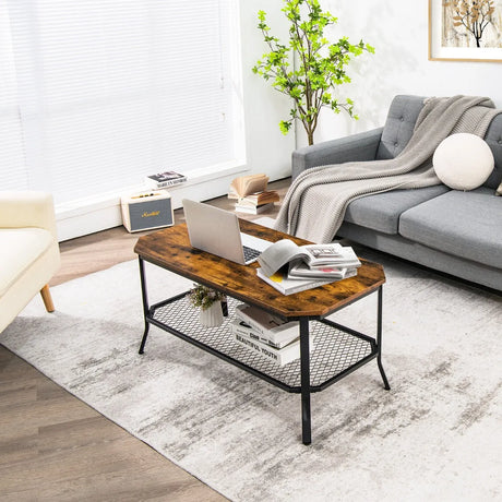 Industrial Coffee Table with Storage Shelf for Living Room