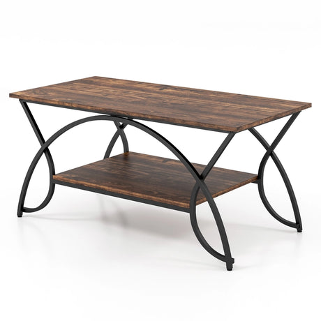 2-Tier Faux Marble Coffee Table with Marble Top and Metal Frame-Rustic Brown