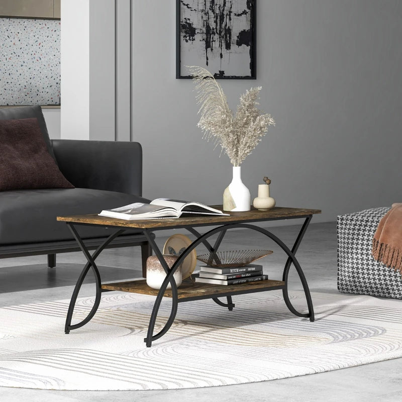 2-Tier Faux Marble Coffee Table with Marble Top and Metal Frame-Dark Brown