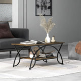 2-Tier Faux Marble Coffee Table with Marble Top and Metal Frame-Dark Brown