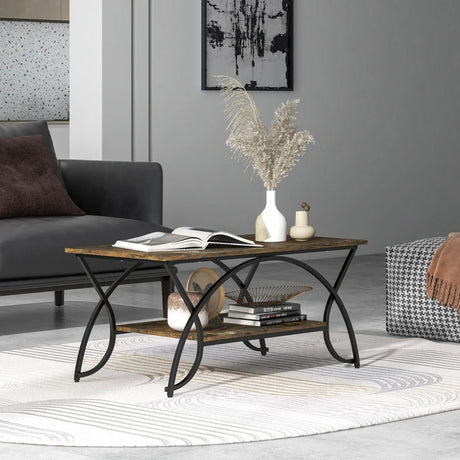 2-Tier Faux Marble Coffee Table with Marble Top and Metal Frame-Dark Brown