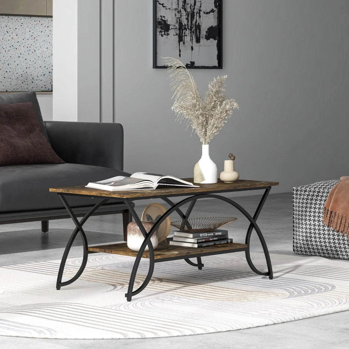 2-Tier Faux Marble Coffee Table with Marble Top and Metal Frame-Dark Brown