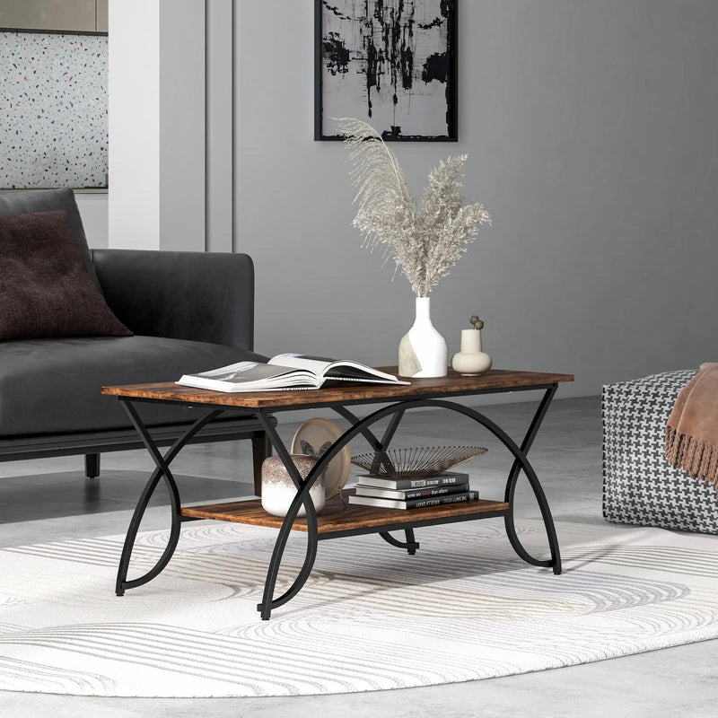 2-Tier Faux Marble Coffee Table with Marble Top and Metal Frame-Rustic Brown