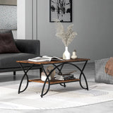 2-Tier Faux Marble Coffee Table with Marble Top and Metal Frame-Rustic Brown
