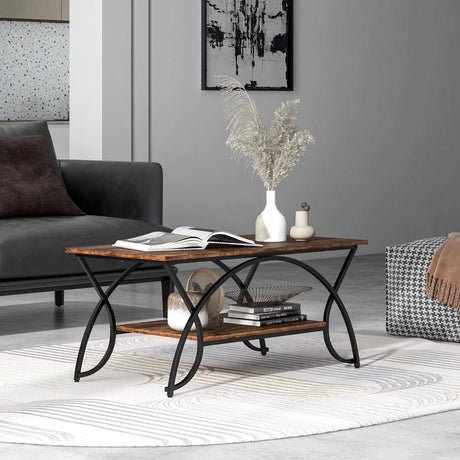 2-Tier Faux Marble Coffee Table with Marble Top and Metal Frame-Rustic Brown